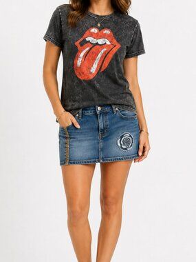 The Rolling Stones Juniors' Black Acid Wash Short Sleeve Graphic T-Shirt
